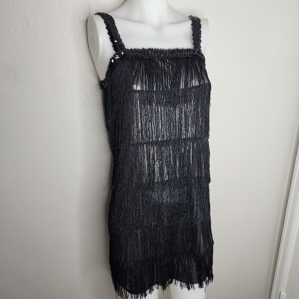 1920s Flapper Black Tassle and Sequin Strap Dress Small